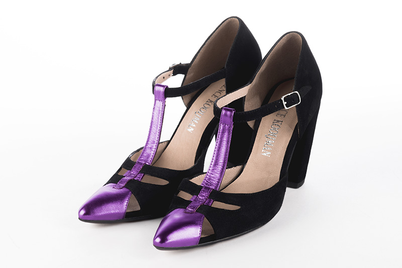 Violet purple and matt black women's T-strap open side shoes. Tapered toe. Very high block heels. Front view - Florence KOOIJMAN